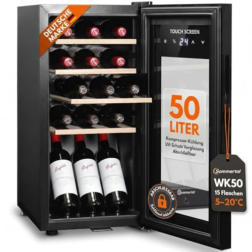 Sommertal Weinkühlschrank mit Glastür WK50 – 15 Flaschen, 5–20C° einstellbar, abschließbar, LED-Beleuchtung, Glastür, Touchscreen, 4 Holz-Einlegeböden, leise & energiesparend, UV-Schutz Verglasung