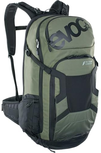 EVOC FR TOUR E-RIDE 30 E-Bike-Rucksack, Fahrradrucksack mit Rückenprotektor (gepolstertes Fach für Ersatz-Akku, Kontroll Display Fach, Gurtfixierungs-System für Ladegerät), Dunkeloliv/Schwarz