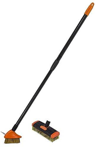 R.G. Fugenbürste Set Teleskopstiel 80-140cm – Unkrautbürste & Fugenreiniger 2 Aufsätze, Stahlbürste für Pflastersteine, Fugenkratzer gegen Moos & Unkraut (Metallstiel)