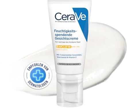 CeraVe Feuchtigkeitscreme für das Gesicht mit LSF 50, Creme für trockene bis sehr trockene Haut, Tagescreme mit Hyaluron und 3 essenziellen Ceramiden, 52 ml