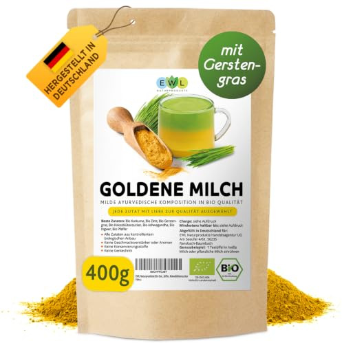 EWL BIO Goldene Milch Gerstengras 400g | Kurkuma Latte Pulver | Golden Milk | Mit Kokoszucker, Ashwagandha, Ingwer, Ceylon-Zimt & Pfeffer für beste Bioverfügbarkeit | Ayurveda Gewürzmischung vegan