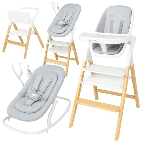 Twinly - Baby Hochstuhl Set 5in1: multifunktional Alaia, Lernturm, Kinderstuhl - ab Geburt 0m+ - Faltbar und ergonomisch aus Buchenholz – Abnehmbare Tischplatte und Sicherheitsgurt