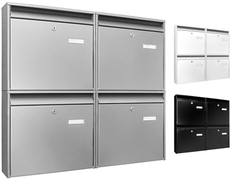 banjado Burg-Wächter Briefkastenanlage - Briefkasten 4 Parteien - Briefkästen Silber - Postkasten Mehrfamilienhaus - Briefkasten XXL mit Namensschild