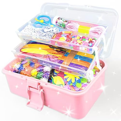 3000Stück Bastelset Kinder DIY Kunsthandwerk Bastelkoffer Bastelbedarf zum basteln Pfeifenreiniger Kulleraugen Perlen Kreativ Scrapbooking Bastelset für Mädchen Jungen 4 5 6 7 8 Jahre Geschenke(Rosa)