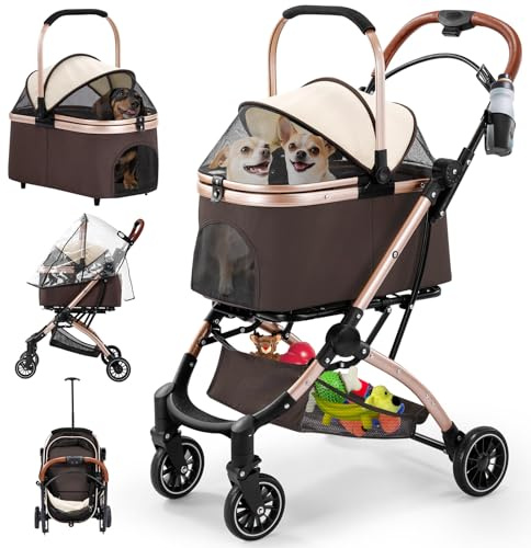 Gimars Upgrade 4 in 1 Katzenwagen & Hundewagen Bis 20kg Klappbar,360° Gummireifen Katzen Wagen Mit Hinterradbremse, Hundebuggy Mit Regenschutz Einziehbare Zugstange Für Kleine Hunde Katze Khaki