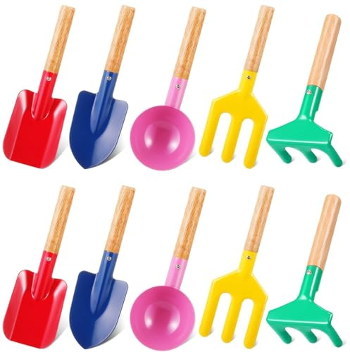 LATERN 10 Stück Gartenwerkzeug für Kinder, 20CM Kinder Strandspielzeug Metall Löffel Gabel Kelle Rechen Schaufel mit Holzgriff für Kinders Geschenk Garten Erde Umpflanzen Sommer Strand Graben