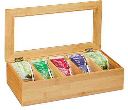 Relaxdays Teebox, 5 Fächer, Bambus, Teekiste mit Sichtfenster, Teebeutel, Kaffeepads, Teekasten HxBxT: 9x37x20 cm, natur, 10032168, Hellbraun