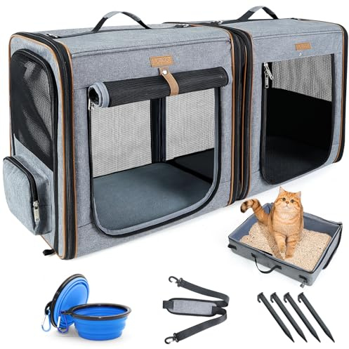 Lekeinchi 2-in-1 Haustier Transportbox mit Katzentoilette, Grau, L | Faltbare Transportbox mit starkem Faserrahmen, inkl. Katzentoilette, 2 Schalen & 2 Haustiermatten