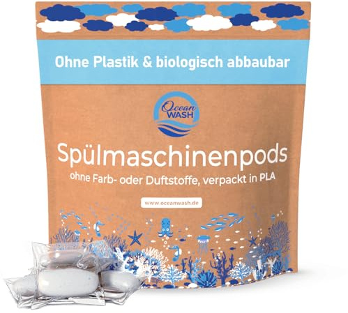 OceanWash Spülmaschinenpods ohne Plastik, Farb- und Duftstoffe, biologisch abbaubare Geschirr-Spültabs ohne Parfum, vegane Tabs für Geschirrspüler, verpackt in PLA