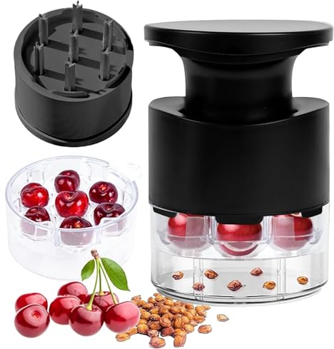 Kirschentkerner, Manueller Kirschkernentferner mit 2-Kammer-System für Schnelles und Einfaches Entkernen, Tragbarer Küchenhelfer Ideal für Frische Kirschen, Kuchen, Desserts und Marmeladen (Schwarz)