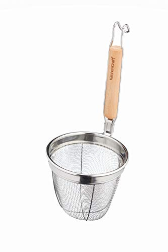 KitchenCraft World of Flavours Sieb, Nudelsieb, Edelstahl Küchensieb mit Nudelkorbsieb und Eukalyptusholzgriff, 14 x 16 x 34cm, 1 Stück