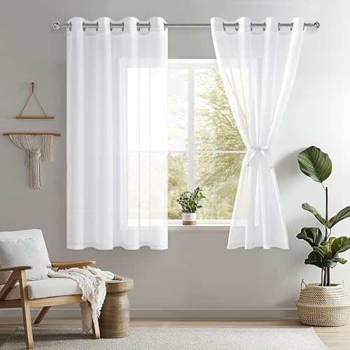 DWCN 2er Voile Gardinen Halbtransparent Kurz mit Ösen für Schlafzimmer Vorhang weiß Halbtransparent, Weiß, 145x140cm(HxB)