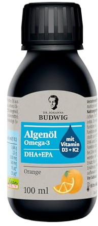 Dr. Budwig Premium Omega 3 Algenöl Vegan Orange (100ml) - hochdosiert - 2300mg natürliches DHA, DPA & EPA - Vitamin D3 und K2 - flüssig - laborgeprüft - Alternative Fischöl