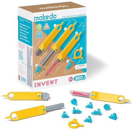 Makedo Invent | Kinder-Bastelwerkzeug für Karton und Pappe, 360 Teile | Aus alten Kartons werden Burgen, Raketen und mehr | Kindersicher, wiederverwendbar | MINT-Konstruktionsspielzeug, ab 5 Jahren