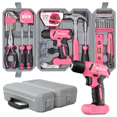 Hi-Spec 58 tlg. Werkzeugkoffer in Pink. Akkuschrauber Werkzeugkasten Werkzeugset : Werkzeugkoffer gefüllt mit 8V Akkubohrer - Werkzeug für Frauen Haushalt Werkstatt DIY