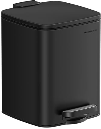 SONGMICS Kosmetikeimer, 6 Liter, Mülleimer Bad, kleiner Abfalleimer, Tretmülleimer, mit Pedal, für kleine Räume, mit Deckel, Softclose, Stahl, schwarz LTB590B0602
