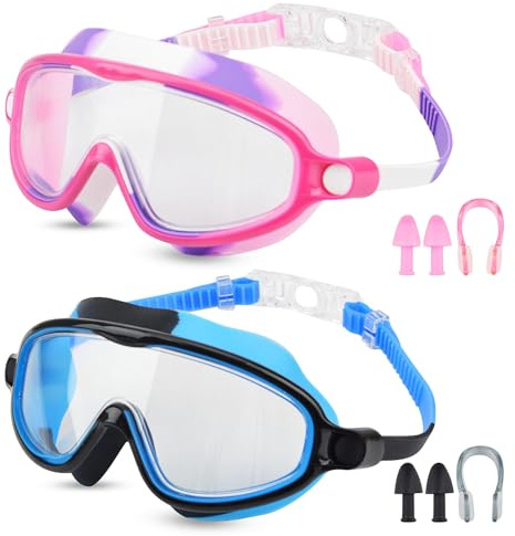 Moseem Schwimmbrille Kinder, 2 Stück Schwimmbrille 3-15 Jahre UV-Schutz,Anti-Nebel Kein Auslaufen Verstellbare Silikon-Schwimmbrille für Kinder(Rosa+Blau)