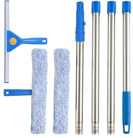 1,5m Fensterreiniger mit Langem Griff, 35cm Fensterabzieher und 38cm Fensterwischer als Kombi-Set, Profi Fensterreinigungsset Glaswischer für Glas Fenster Putzen, Dusche und Glastür Reinigung
