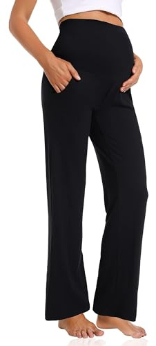 Gowjog Umstandshose Weitem Bein Damen Schwangerschaft Lässig Lose Breite Gerade Bein Lounge Hosen mit Taschen Schwangerschafts Hose (Schwarz,L)