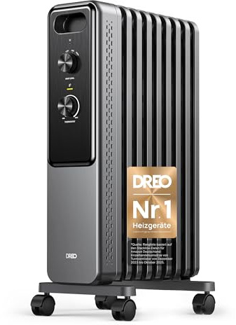 Dreo Ölgefüllter Radiator-Heizkörper mit 9 Rippen, 2000W Leiser Elektrischer Heizstrahler fürs Schlafzimmer, Überhitzungs- & Kippschutz, Einstellbares Thermostat, Kindersicherung, Energiesparend