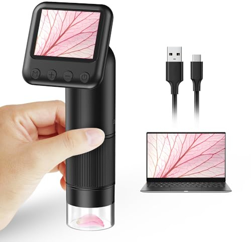LCD-Digital-Handmikroskop, tragbares 800-fach-Taschenmikroskop für Kinder mit LED-Beleuchtung, USB-Anschluss zum PC, inklusive SD-Karte und Objektträgern