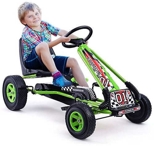 DREAMADE Kinder Go Kart Tretfahrzeug, Tretauto mit Bremsen, Kinderfahrzeug Pedalfahrzeug mit Verstellbarem Sitz für Kinder ab 3 Jahre (Grün)
