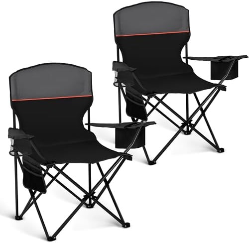HIGH POINT SPORTS 2er Set Klappstuhl Campingstuhl Faltstuhl Komfortable Anglerstuhl mit Getränkehalter & Kühlfach, bis 120Kg Belastbar, Anglersessel klappbar Gartenstuhl Faltstuhl Relaxsessel, Schwarz