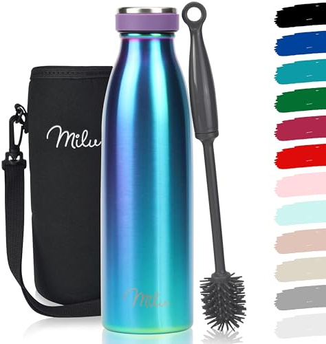 Milu Edelstahl Trinkflasche 350ml, 500ml, 750ml, 1L, 1,5L – Thermosflasche für Kinder Erwachsene auslaufsicher Isolierflasche Kohlensäure geeignet– inkl. Reinigungsbürste (Aurora, 500ml)