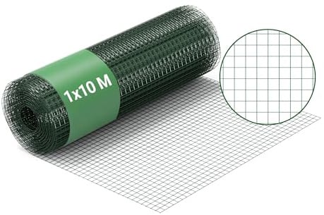 Wiltec Maschendrahtzaun Grün 1x10 m 100 cm Höhe 0,9 mm Stärke 12x12 mm Maschengröße, Volierendraht 4-Eck aus Stahl verzinkt, Drahtgitter, Vogeldraht