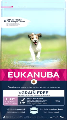 Eukanuba Welpenfutter getreidefrei mit Fisch für kleine und mittelgroße Rassen - Trockenfutter ohne Getreide für Junior Hunde, 3 kg