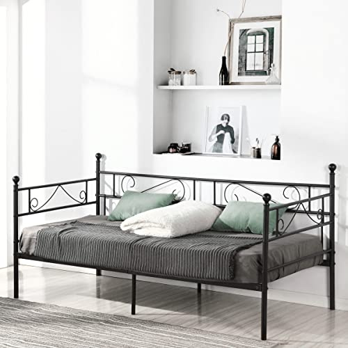 FetiNes Tagesbett Bettgestell 90x190 cm Bett, Metal Wasserdicht Familienbett Gästebett Metallbett Jugendbett Einzelbett Sofabett für Schlafzimmer Wohnzimmer passend, Schwarz