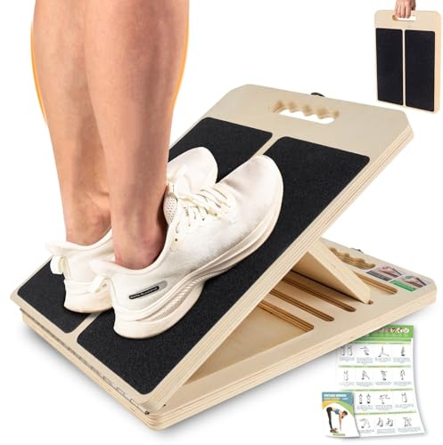 Wadendehner Schrägbrett aus Holz, Slant Board mit 5 Winkeln und Trainingsposter, Verstellbar Wadenstrecker mit Tragegriff, Mobility Board für Wadenstreckung
