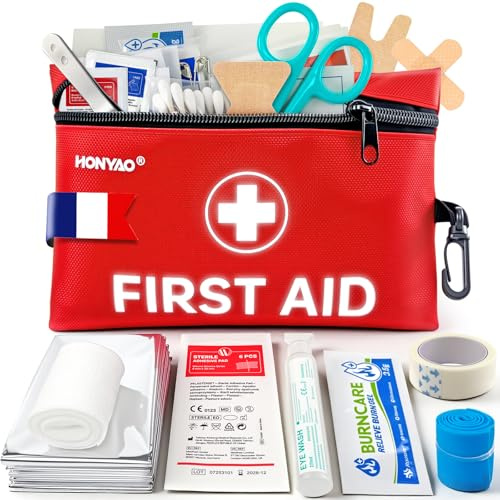HONYAO Erste Hilfe Set 105 Teile, Mini Reiseapotheke, Verbandskasten Klein für Outdoor Reise Zuhause Camping Fahrrad Wandern Kinder, Rot