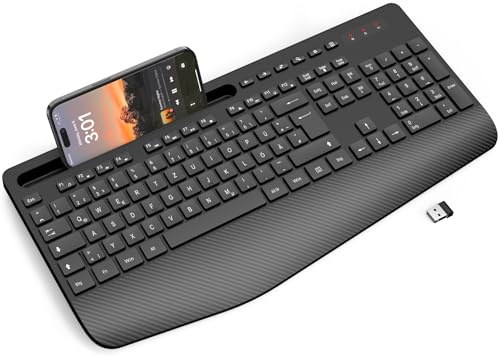 SABLUTE Kabellose Tastatur mit Handballenauflage, ergonomische Full-Size Tastatur mit Telefonhalter, Schlafmodus, 18 Multimedia-Tasten, leise 2,4 GHz Funktastatur für Windows, PC, Laptop, KN213
