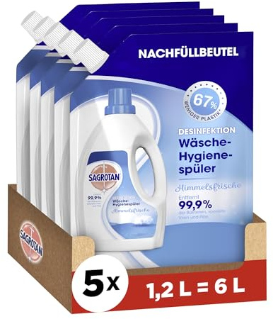 Sagrotan Wäsche-Hygienespüler Nachfüllbeutel Frische des Himmels, Desinfektionsspüler für hygienisch saubere und frische Wäsche, 5 x 1,2 l Reiniger im praktischen Vorteilspack