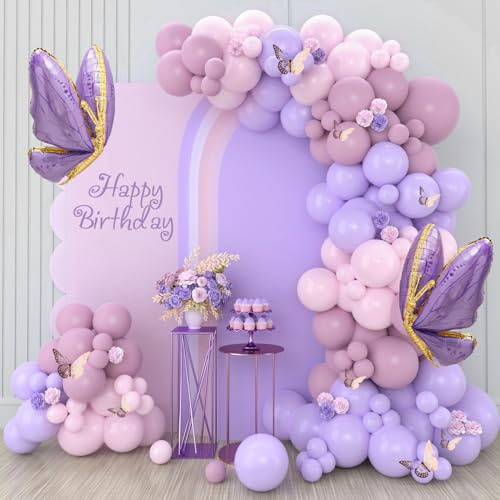 Luftballons Girlande Lila, 133 Stück Luftballons Geburtstag Lila Rosa, Ballons Girlande Rosa Violett Pink mit Schmetterling Luftballon, Helium Ballongirlande für Deko Kindergeburtstag Mädchen Kpop