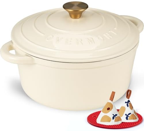 Overmont Bräter Emaille Gusseisen Topf - Schmortopf 26cm backofengeeignet - mit Deckel und Kochbuch - für Küche Backen Schmoren Braten Weiß