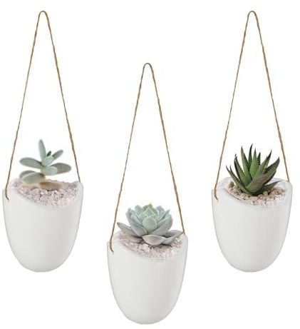 Relaxdays Wandvase 3er Set, Hängetopf innen, mit Schnur zum Aufhängen, Blumenampel, für Pflanzen & Blumen, Keramik, weiß