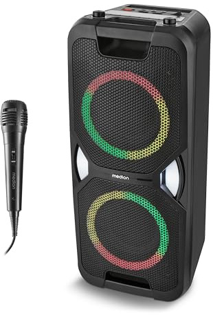 MEDION PE-1 Pure Partybox (Akku, mit Mikrofon, tragbarer Bluetooth Lautsprecher groß, Musikbox, Verschiedene Lichteffekte, Partylautsprecher mit Karaoke, 2 x Mikrofonanschluss, AUX, USB, Radio)