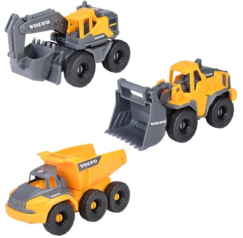 Dickie Toys Volvo Construction Set (je 16 cm) - 3 Baustellenfahrzeuge für Kinder mit Bagger Spielzeug, Radlader & Kipplaster, mit Freilauf ab 3 Jahren - 203722015
