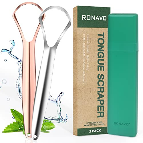 RONAVO Zungenschaber (2 Stück), Zungenreiniger Heilung von Mundgeruch (medizinische Qualität), Zungenschaber Edelstahl für Mundhygiene, Metall Tongue Scraper, Zungenbürste frischer Atem in Sekunden