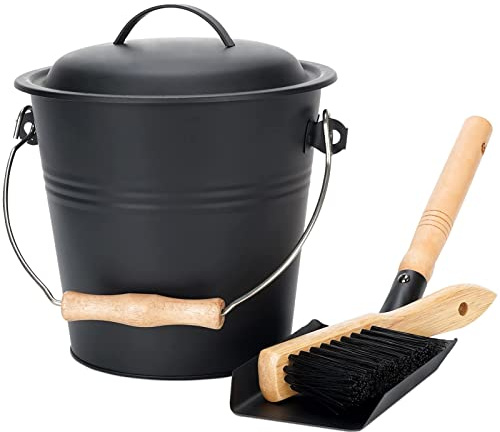 Mini-Ascheeimer mit Deckel, 4,8 l Eimer mit Schaufel und Handbesen, Metalleimer für Kohle und Asche, Holzpellet-Aufbewahrungsbehälter, Werkzeug-Set für Kamin, Feuerstelle, Holzofen (Teile innen)