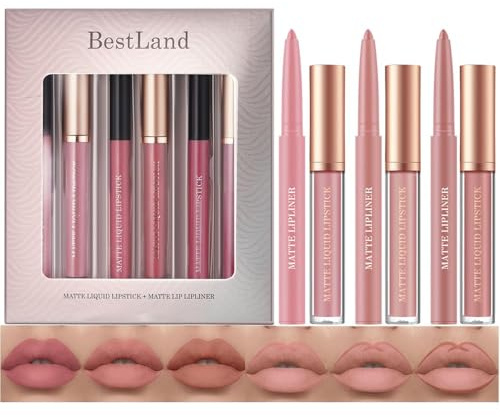 6 Stück Matt Lippenstift & Lip Liner Set, Velvety Nude Lipstick, Waterproof Non-Stick Cup Not Fade Liquid Lipstick, Lip Liner Lip Gloss Make Up Set (Set E)