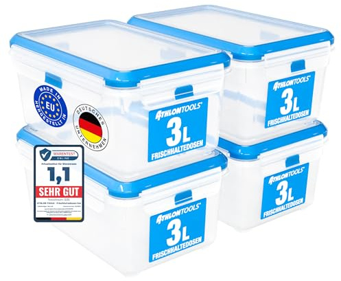 ATHLON TOOLS 4x 3L Frischhaltedosen-Set in Gastro-Qualität Auslaufsicher | 100% luftdicht -40 bis +100 Grad - für alle Lebensmittel - BPA-frei - Vorratsdosen für Kühlschrank (3 L | 4er Set)