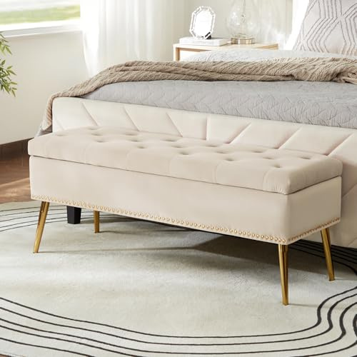 HULALA HOME Sitzbank mit Stauraum, Sitztruhe mit Nailhead-Besatz, Bettbank aus Samt, Bank mit goldenen Metallbeinen für Flur, Eingangsbereich, Wohnzimmer, Schlafzimmer, Tan (Beige)