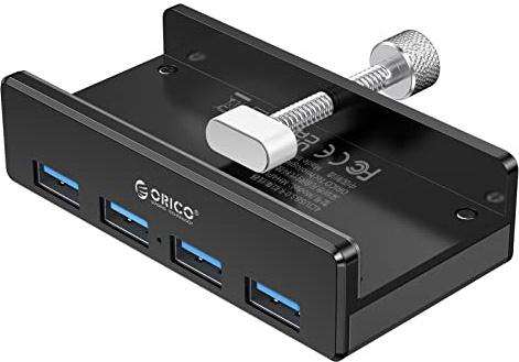 ORICO USB Hub Clip-Typ, 4 Port USB 3.0 Hub 5 Gbps Super Speed Mini Aluminum Datenhub Mit 150cm Kabel (A to A, Schwarz) für Monitoren、Schreibtischen (Ohne Netzteilanschluss) - Schwarz
