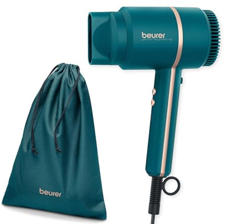 Beurer HC 35 Haartrockner, kompakter Föhn mit Ionenfunktion für glänzendes & geschmeidiges Haar, inkl. Stylingdüse, leistungsstarke 1600-2000 Watt, elegante LED-Anzeige, Aufbewahrungstasche, ocean