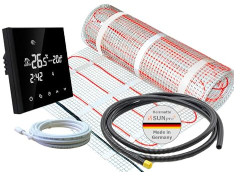 ew direkt Komplett-Set elektrische Fußbodenheizung SunPro 160 für Fliesen, Naturstein mit Thermostat RT-50 schwarz (1 m² - 0,5 x 2 m)