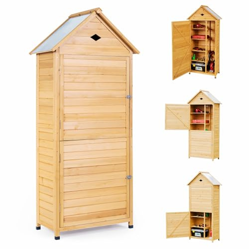 KOMFOTTEU Gartenschrank Holz 177x80x35cm, Gerätehaus Outdoor wetterfest, Geräteschuppen mit Satteldach, Werkzeugschrank Holzschuppen Lagerschrank, Natur