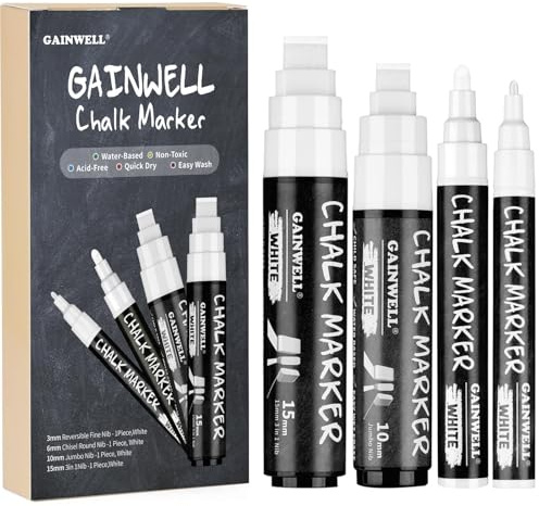 GAINWELL 4er Pack Weiße Kreidemarker - Reversible Jumbo- und Feinspitzen - 3mm, 6mm, 10mm, 15mm - Verwendung auf Kreidetafel, Whiteboard, Glas